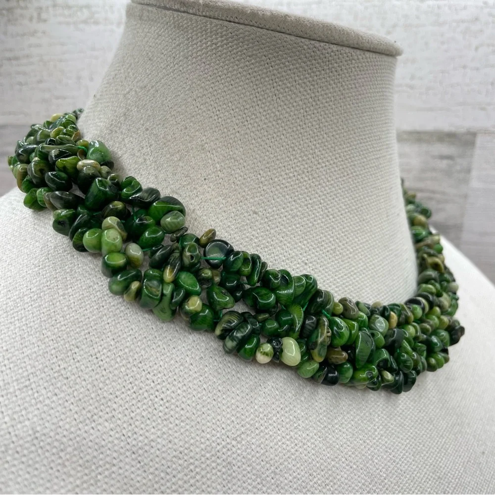 Beautiful Unsigned Green Jasper Multi Layer Statement Necklace Silver Tone